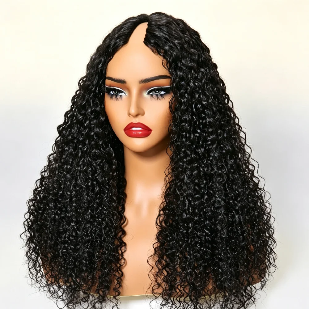250% Density Jerry Curly V Part Wig Human Hair No Leave Out Upgrade Jerry Curly U Shape Clip In Wig 32 Inch Natural Color Wig