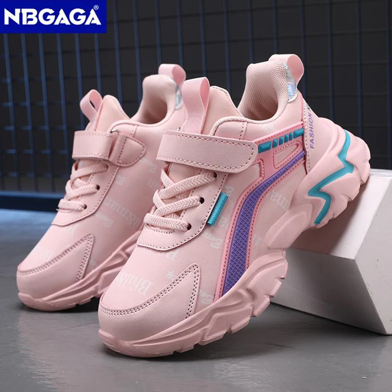 NBGAGA-Chaussures en cuir décontractées pour filles, chaussures de course légères pour enfants, chaussures de sport pour jeunes étudiants, mode rose pour enfants, 7 à 15 ans