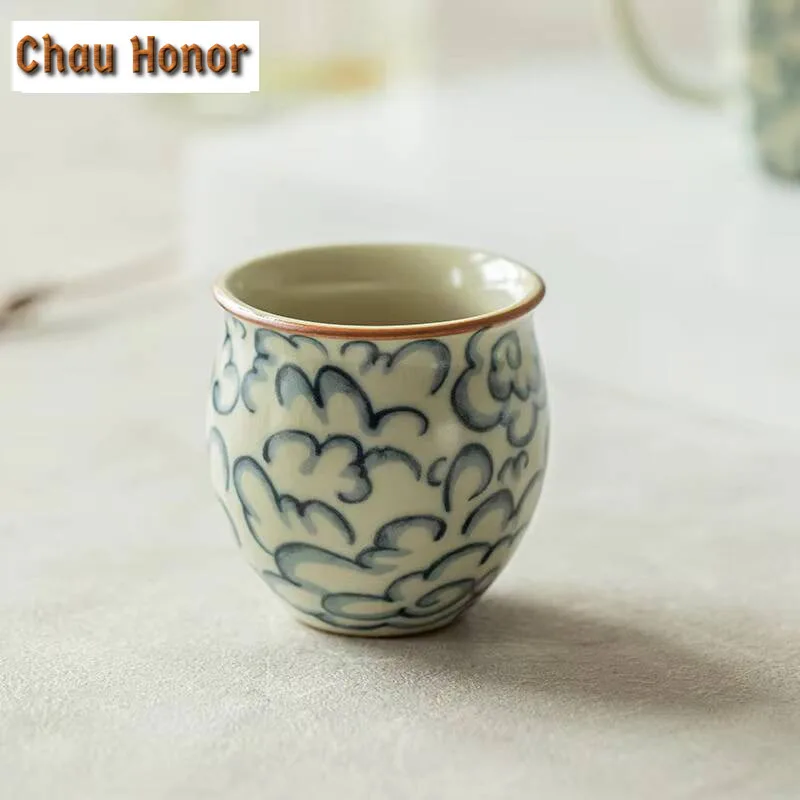 

2pc/set Retro Ru Kiln Teacup Chinese Auspicious Clouds Cup Samll Single Master Cup Tasting Tea Mug Household Kung Fu Teaset 60ml