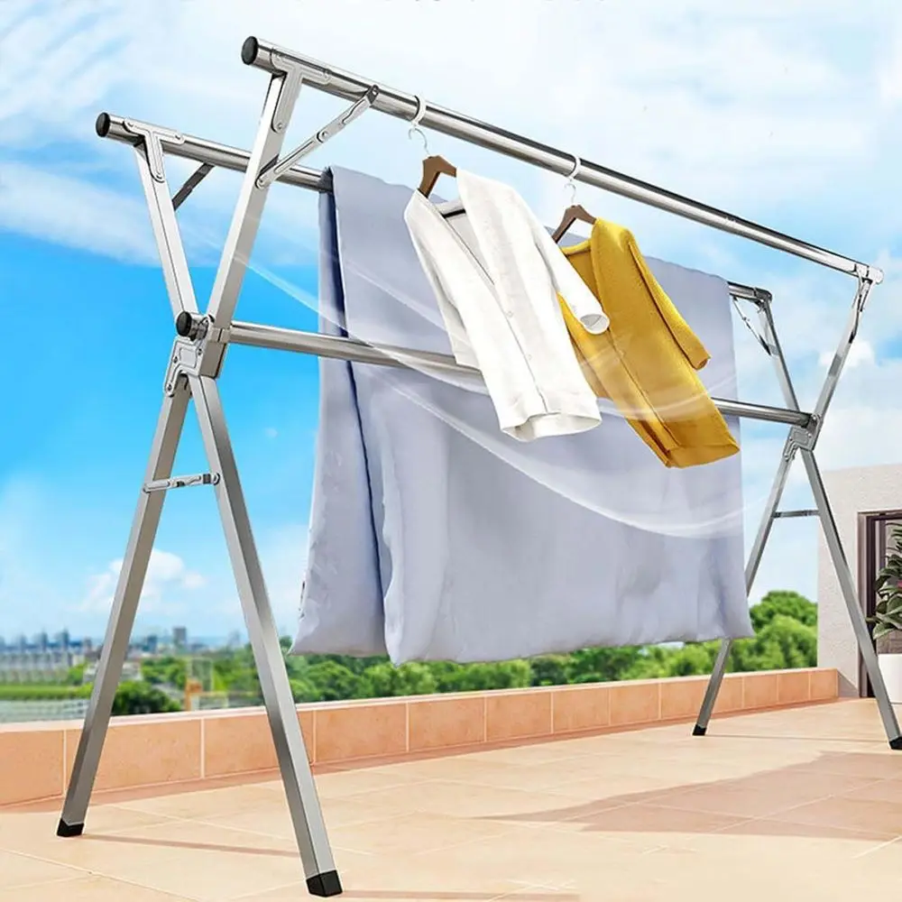 Adjustable Outdoor-Friendly Stainless Steel Folding Laundry Drying Rack with 3 Rods, Extendable up to 240cm/95in