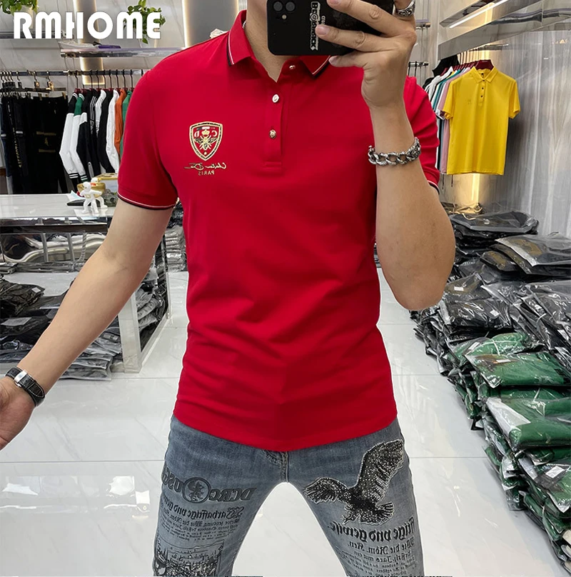 Men\'s Polo Business Casual Fashion Lapel T-shirt Bee Print Hot Diamond Tees 2023 Summer Slim Red Tops Mercerized Cotton Clothing