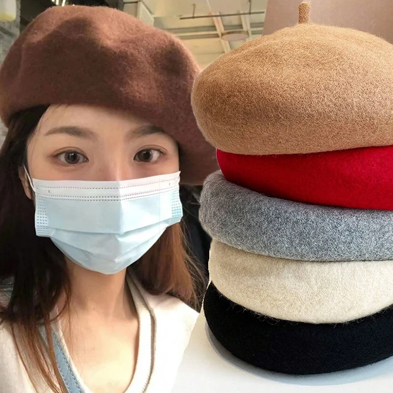 Women Wool Berets French Artist Style Warm Winter Beanie Hat Retro Plain Beret Solid Color Elegant Lady All Matched Autumn Caps