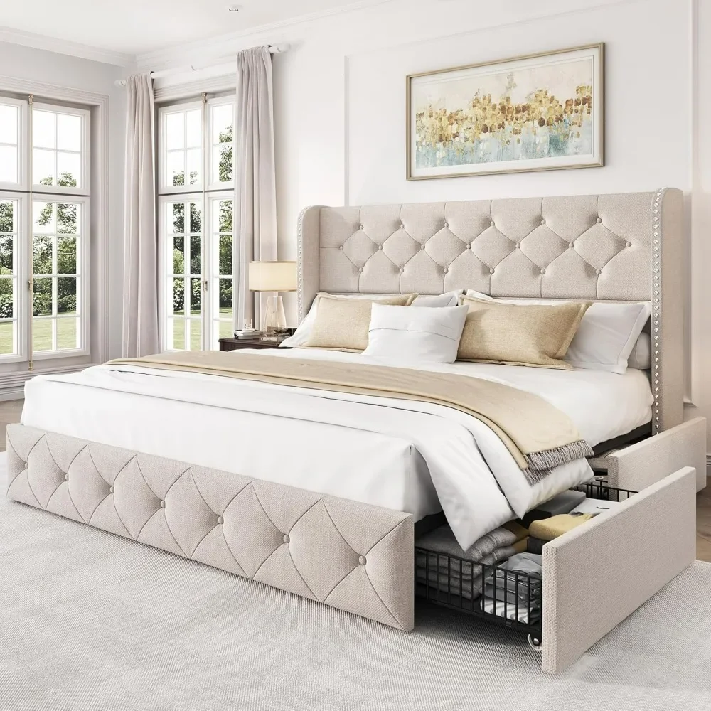 

4 Storage Drawers and Tufted Headboard Linen Upholstered Platform Bed Frame Wingback Beds with Wooden Slats Support