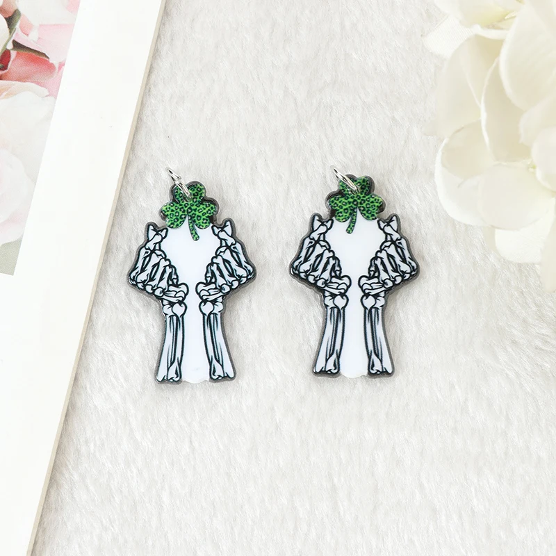 6Pcs St Patricks Day Charms Creative Acrylic Skeleton Jewelry Findings Earring Pendant Necklace DIY Making Accessories