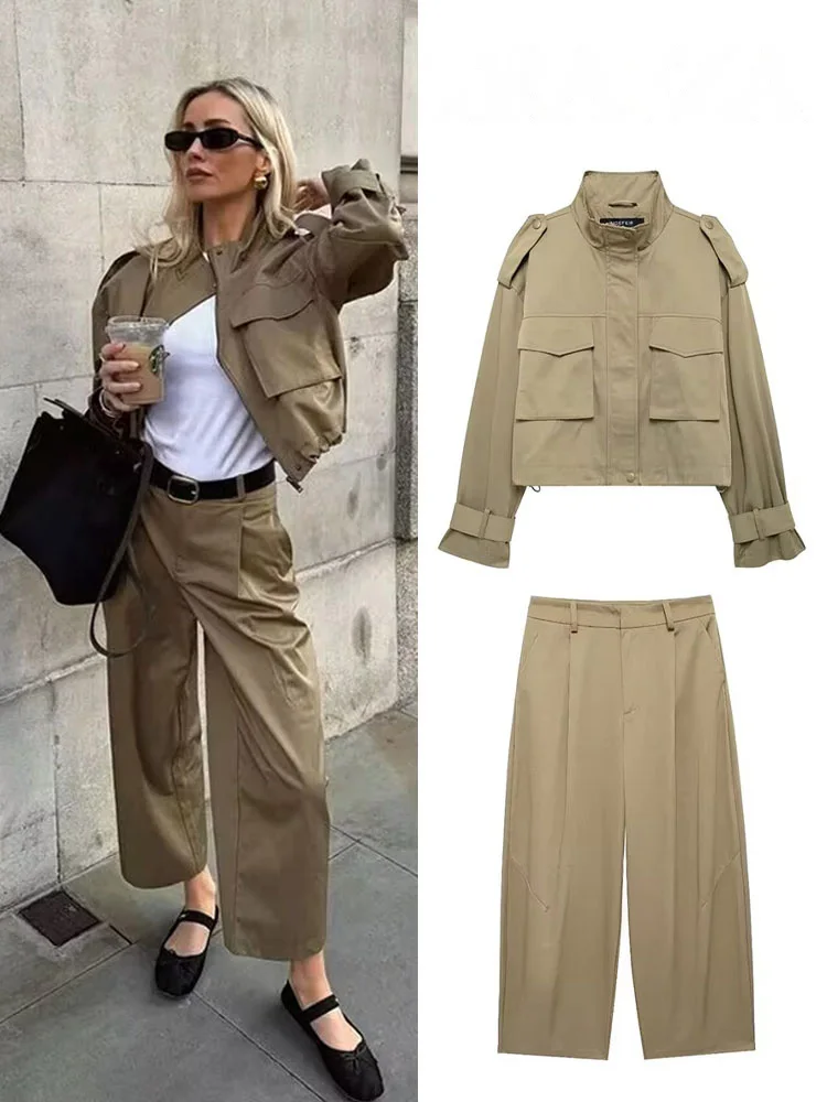 

HH Women 2 Piece Set Fashion Pocket Buttons Decorate Long Sleeves Jacket Coat+High Waist Zipper Loose Casual Wide Leg Pants