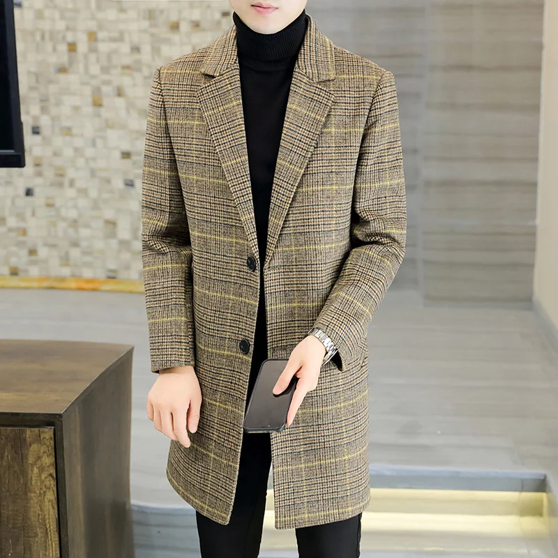 Stylish Men Plaid Wool Overcoat Camel Gray Woolen Overcoat Notched Collar Fall & Winter Confidence Menswear  Sizes 170-190 Wear