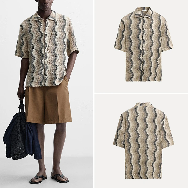 

Faionable Loose Wave Hollow Texture ort Sve irt Men's Summer New Arrival Z Brand Collar Striped Pattern