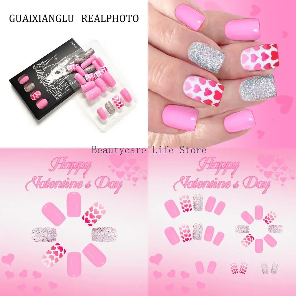 

652C Pack of 24 Artificial Fingernails Valentines Day Manicure Pink Heart Design False Nail Short Length Easy Application