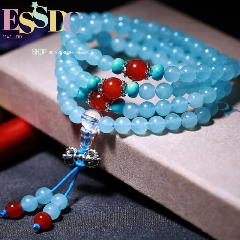 6mm Natural Blue Chalcedony 108 Mala Crystal Beads Women Bracelet Red Onyx and Yellow Stone Safety Buttons Lady's Sweater Chain