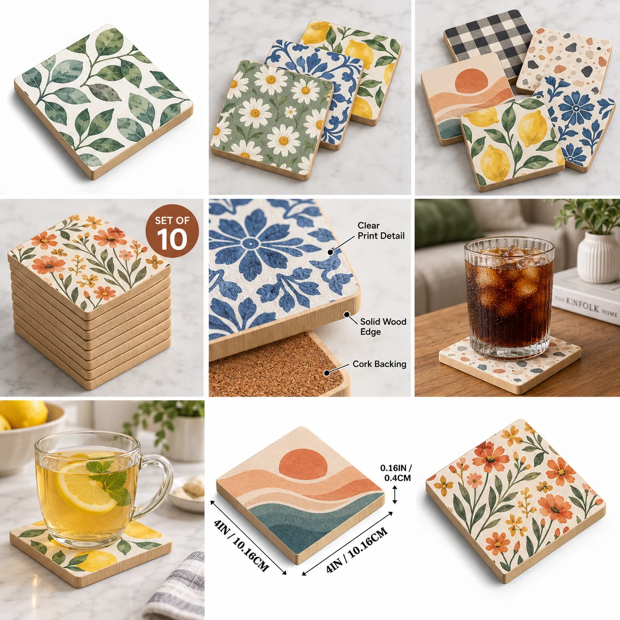 Custom 10cm Square Wooden Coaster Personalized Coffee Tea Mat Heat Resistant Durable Table Protector for Cafe Home Kitchen Decor