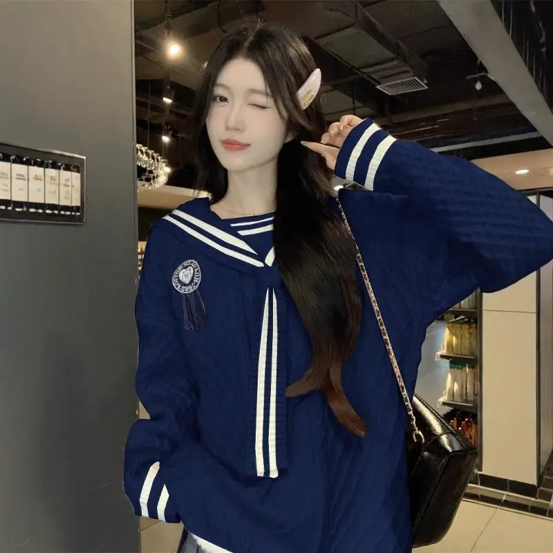 Suéter estilo universitário com gola marinha para mulheres no outono novo suéter doce e suave com emagrecimento