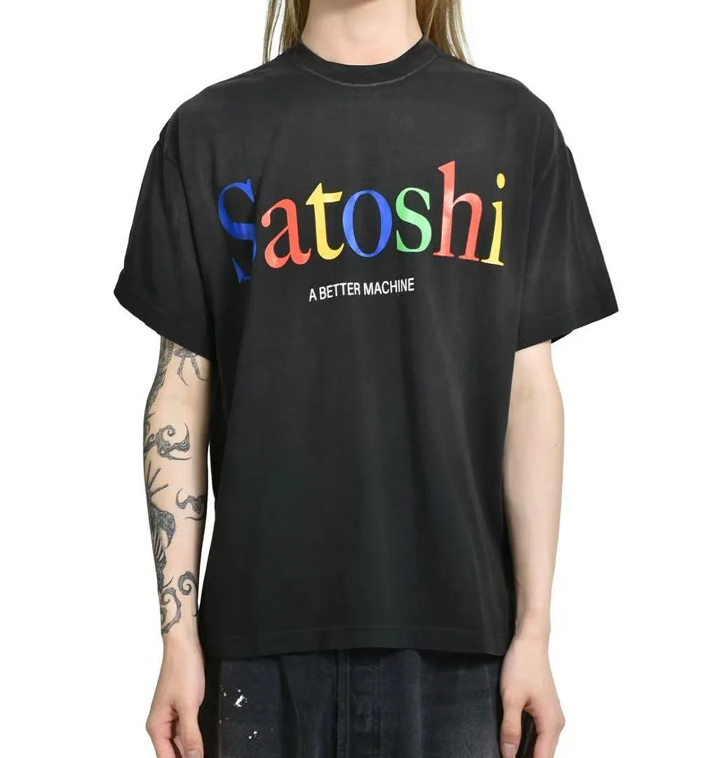 Vintage Saint Washed Black Short Sleeve T Shirt Men Satoshi Rainbow Gradient Letter Print Oversized Loose Basic Casual Tee Y2K