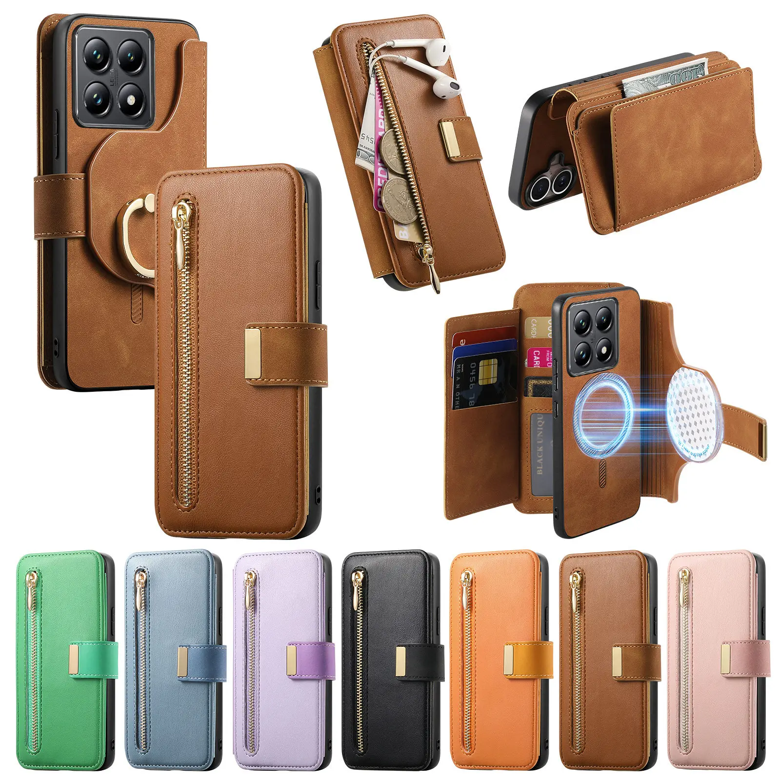 2 in 1 Detachable Zipper Cards Solt Wallet Leather Case For Xiaomi Redmi Note 13 Pro Plus 12 13C 14Tpro Magnetic Removable Cover