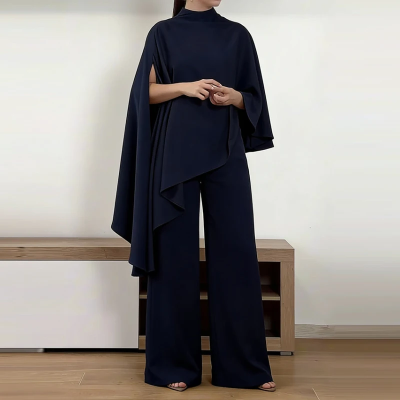

Casual Cape Sleeve Loose Satin Suit Fashion Stand Collar Irregular Top&Long Pant Set Women Elegant Hight Waist Solid 2Pc Outfits