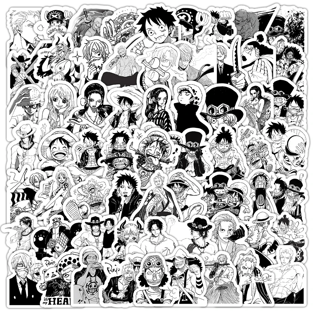 10/30/50/103PCS Black White One Piece Stickers Cute Luffy Cartoon Decals Decoration DIY Notebook Bike Phone Laptop Funny Kid Toy