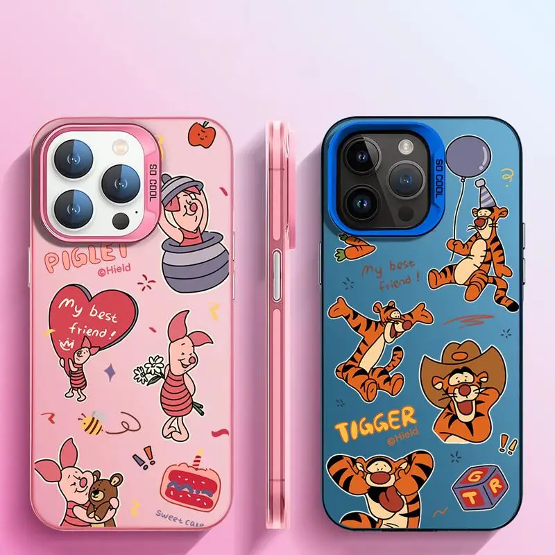 Matte Phone Case for iPhone 15 14 13 12 11 pro Max 15plus 14plus Disney Cartoon Piglet Tigger Colorful Silver Acrylic Hard Cover