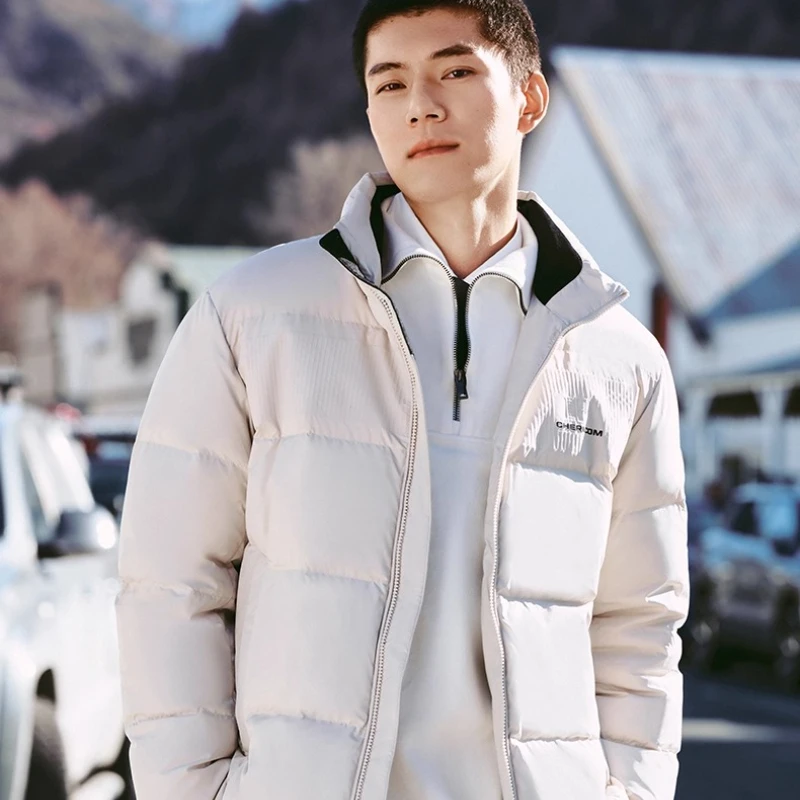 Chericom Short Down Jacket with Stand Collar Duck Down Fill Zip Front Elastic Windproof Cuffs Thermal Insulation Coat Y309670Y