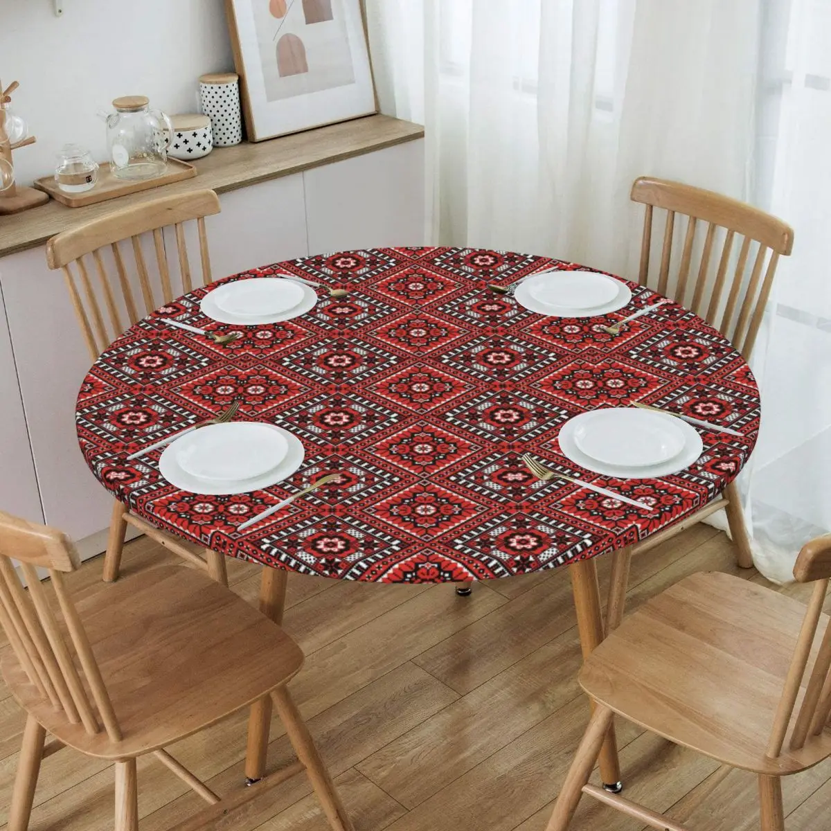 Ukraine Ukrainian Embroidery Ornament Tablecloth Round Elastic Fitted Oilproof Boho Table Cloth Cover for Banquet