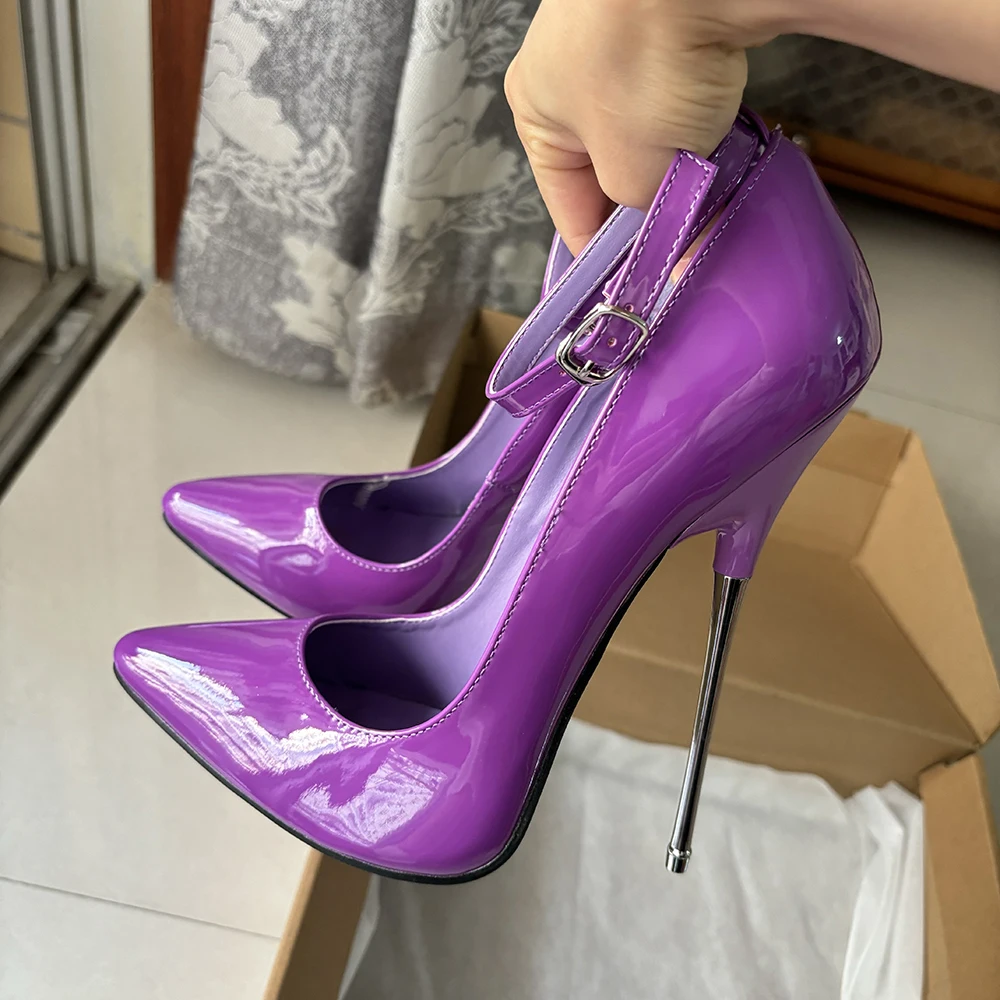 2025 New Arrival Customize 16cm Extreme Metal High Heels Sexy Purple Inside Pumps Ankle Strap Fetish Model Photograph Shoes