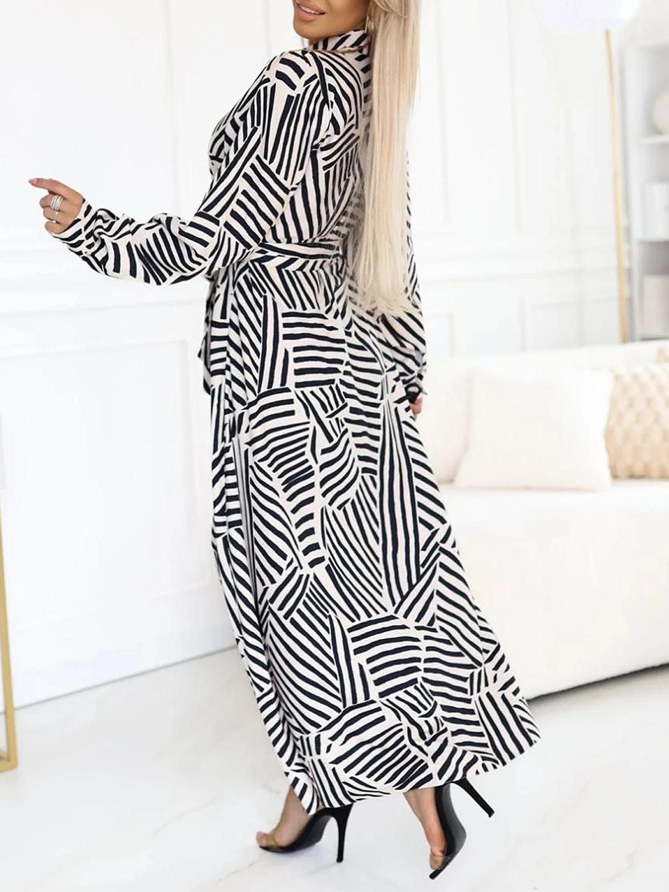 Vestido camisero midi para mujer, informal, a rayas, con un solo pecho, con cordones, abertura lateral, manga larga, cuello camisero, vestido de verano diario