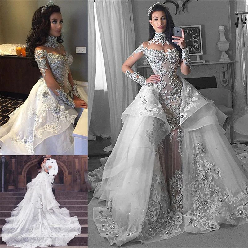 Tulle High-Neck Appliques Detachable-Train Wedding Dress Long Sleeves Glamorous Wedding Dresses Luxury Mermaid Bridal Gowns