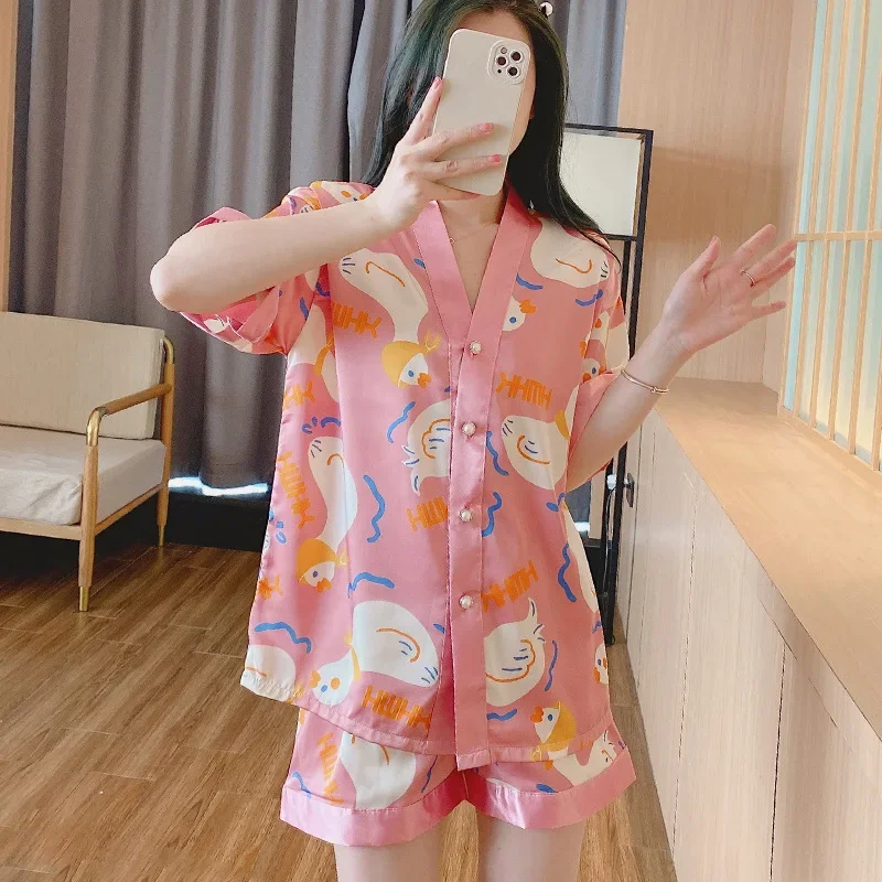 

Women's Silk Satin Pajamas Set Two-Piece Sleepwear Loungewear Button-Down Pajama Ladies Homewear Shorts Set Girl Sexy Nightwear