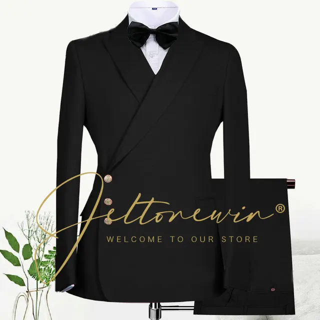 

2025 Custom Made Black Groom Tuxedo Peaked Lapel Double Breasted Men Suit Prom Wedding Party Mens Suits Costume ( jacket+Pants)