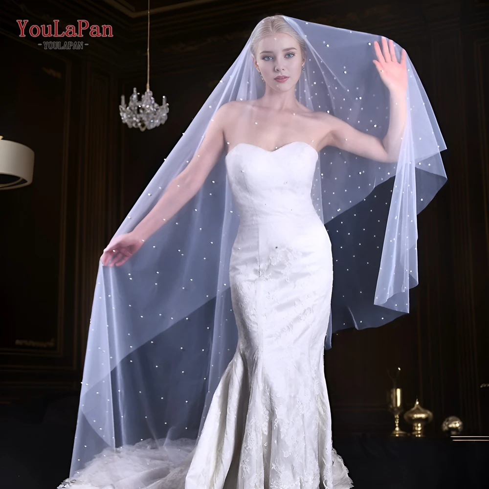 YouLaPan Luxury Pearl Double Bridal Blush Veil Cream White Soft Tulle Velos De Novia Lujo 2024 Complementos De Boda V08