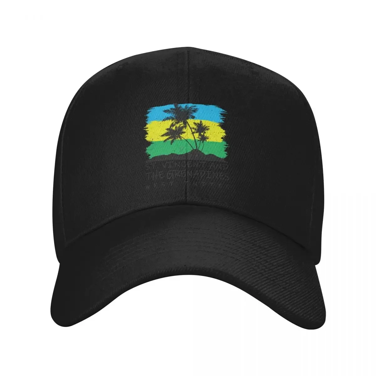 

St Vincent and the Grenadines National Colours in Background of Palm silhouette Baseball Cap