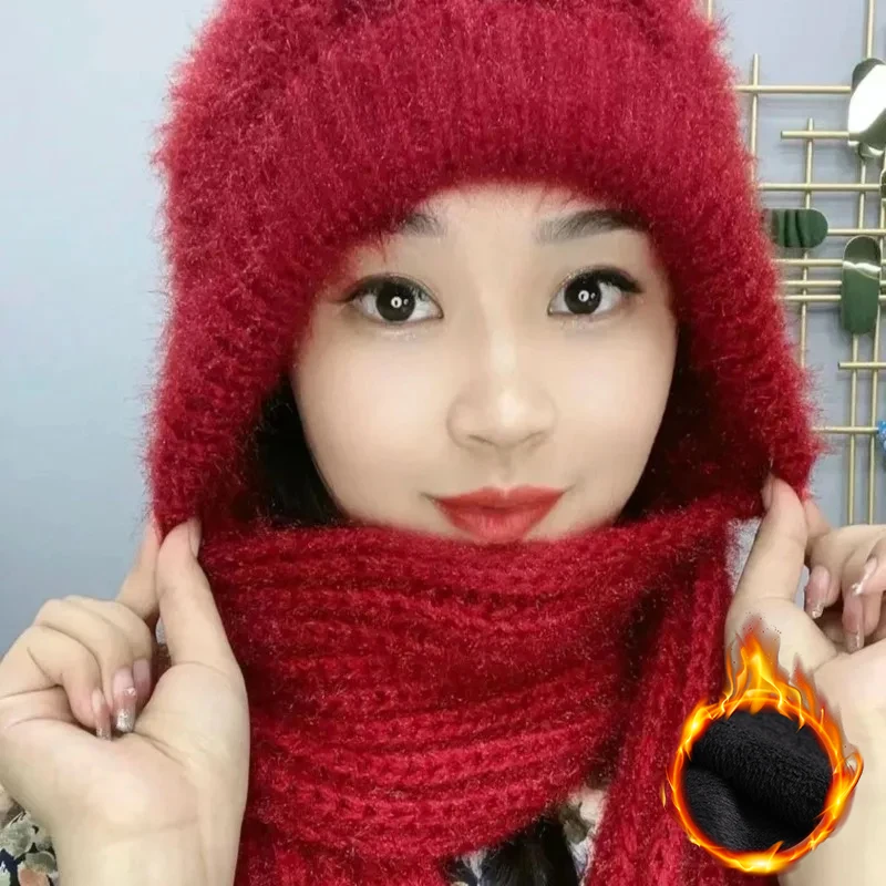 Windproof Thermal Beanie Scarf Combo Women Fleece Lined Knit Snow Hood Cycling Cap Winter Cold Weather Set Essential
