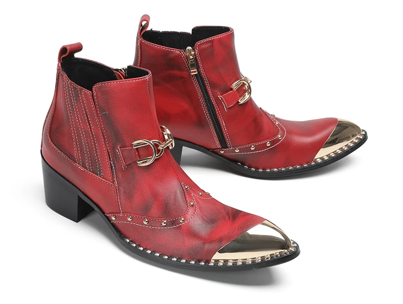 Designer Metall Karree Cowboy Motorrad Kurze Stiefel Männlich Große Größe Nieten Echtes Leder Stiefeletten Business Formale Schuhe – Detail 13