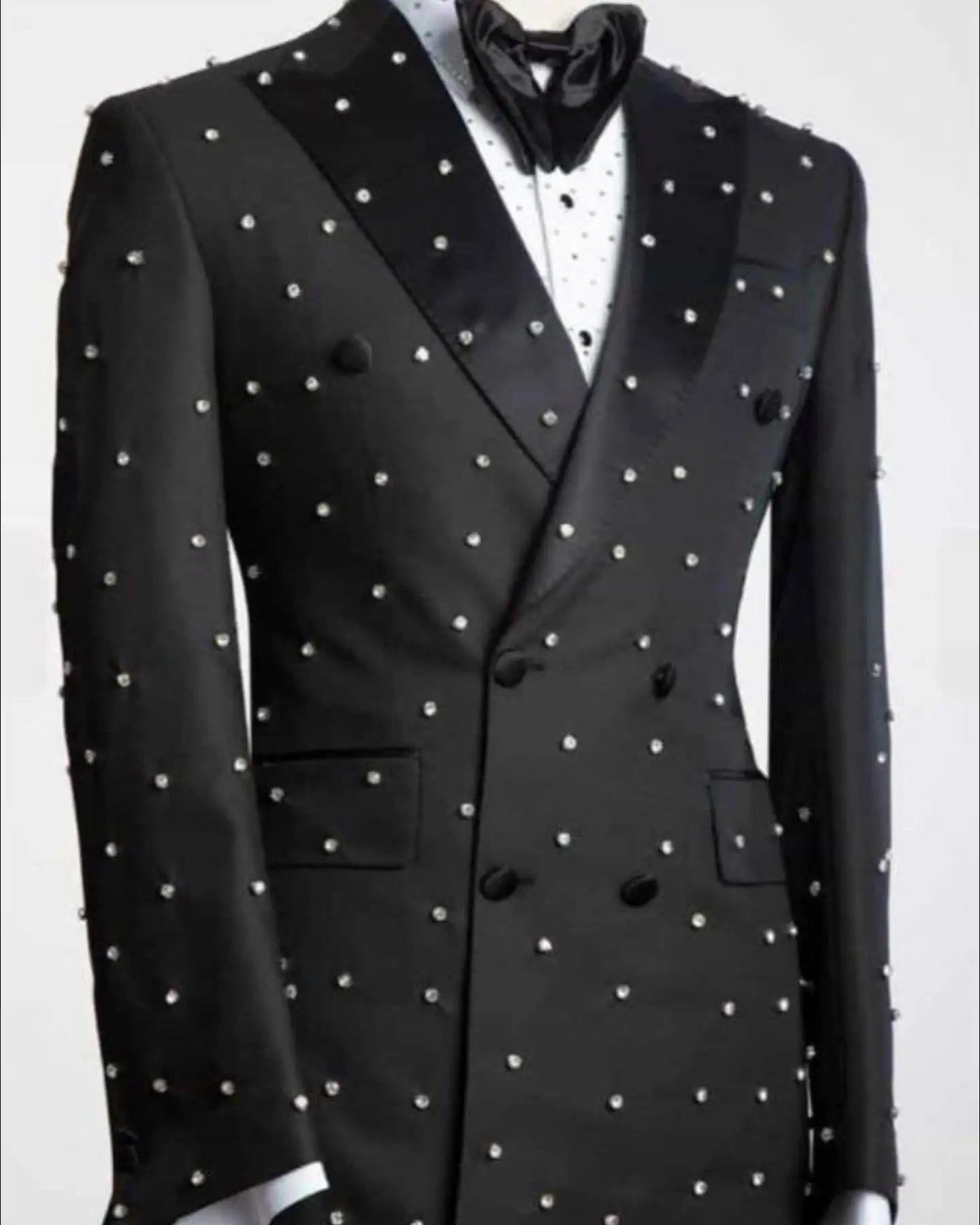 Smoking de casamento preto cristal masculino noivo, terno de duas peças, conjunto de calças, blazer e calças, casaco trespassado duplo, jaqueta personalizada, formal