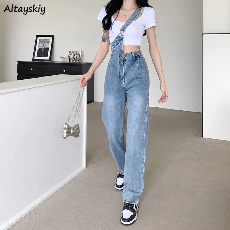 Denim Jumpsuits Women Irregular Chic Design Vintage American Style Streetwear Trendy Bleached 2023 Student Leisure Spring Daily