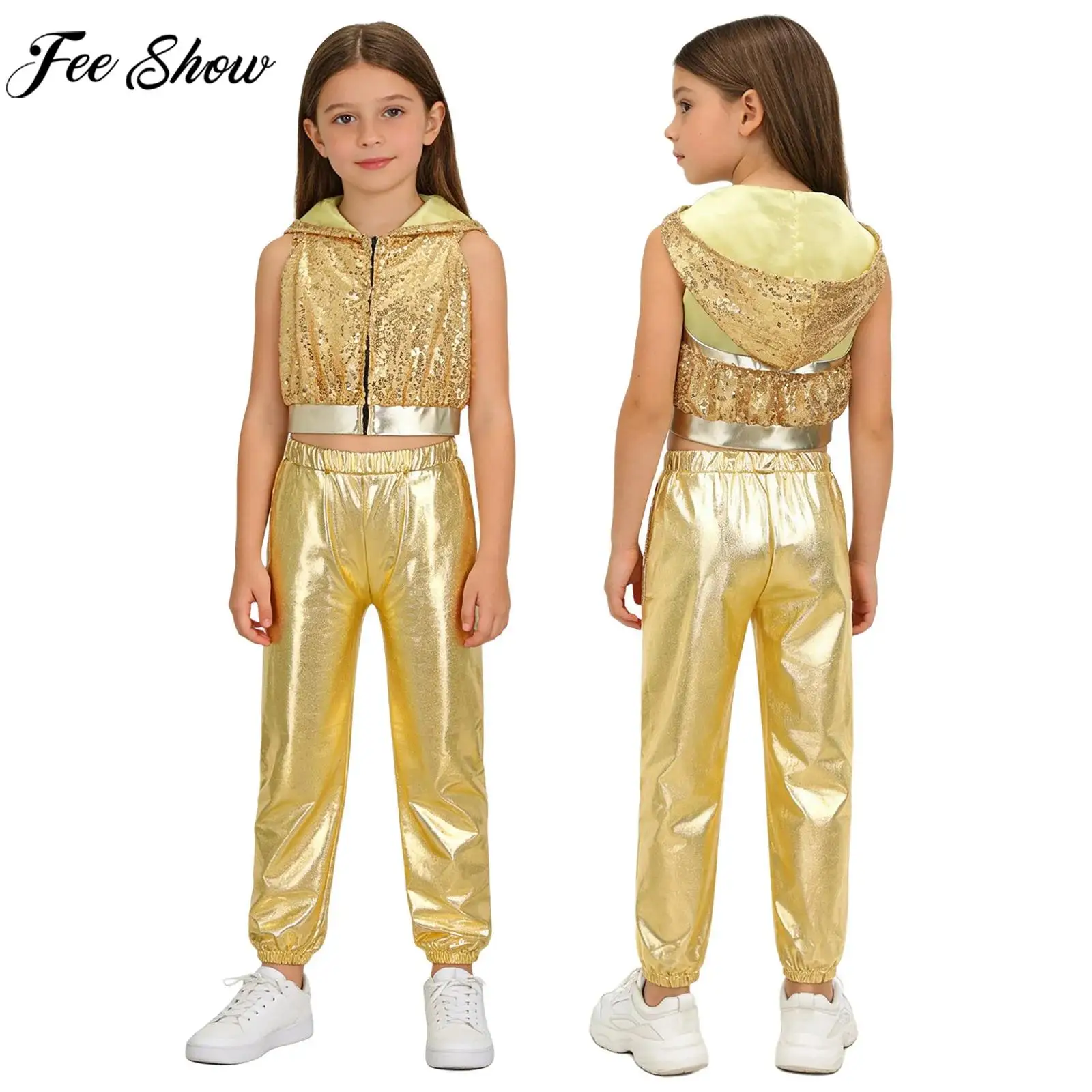 

Детский костюм для уличных танцев в стиле хип-хоп, джаз, уличный танцевальный костюм без рукавов, с открытой спиной, на молнии и блестками, укороченный топ с капюшоном и металлическими штанами, танцевальная одежда