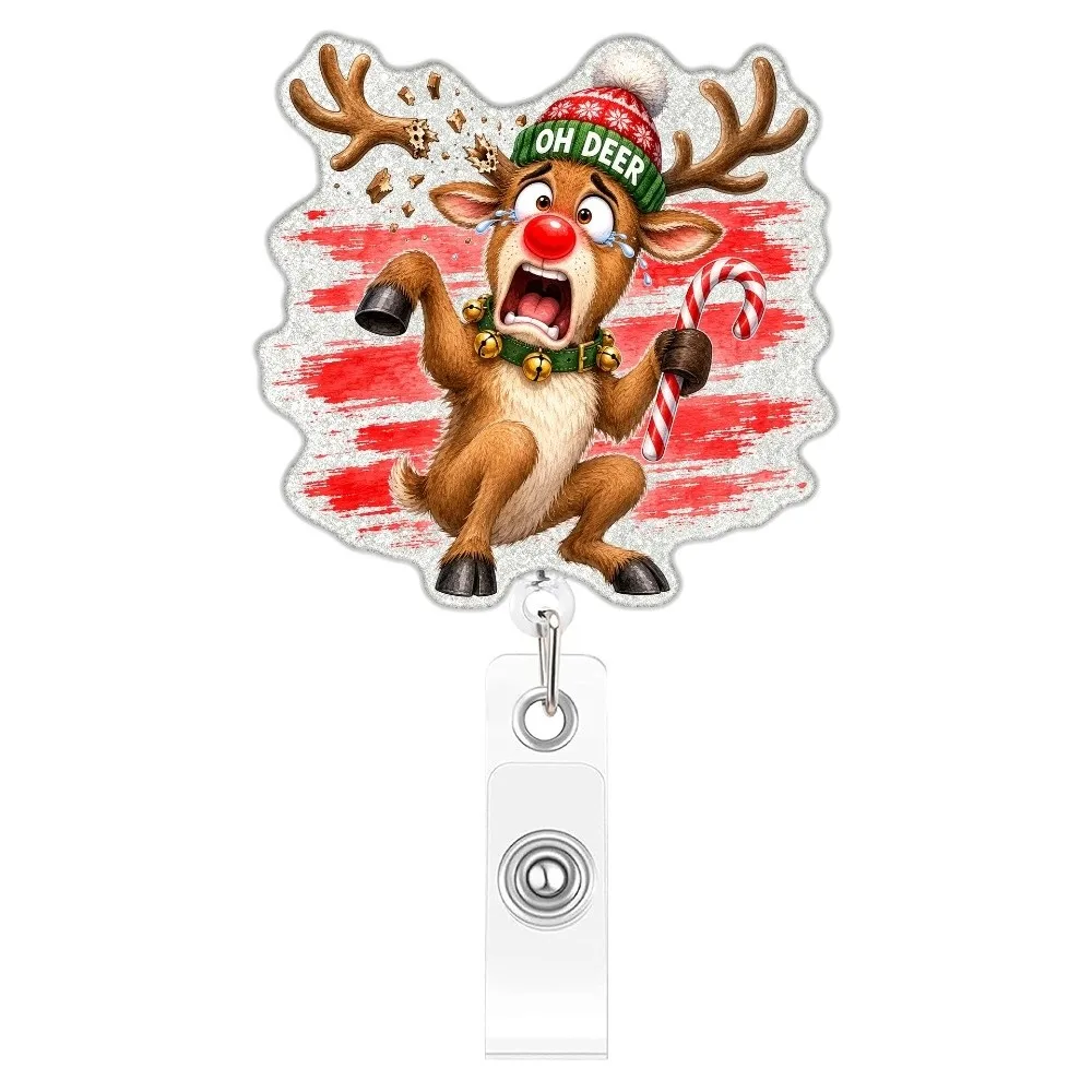 Acrylic Christmas Badge Reel Santa Claus Snowman Elk Retractable Badge Holder Glitter Shiny Gingerbread ID Card Holder