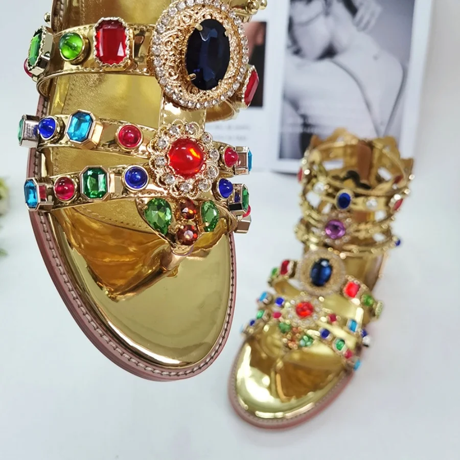 Women Baroque Multicolor Gem Crystal Flat Roman Sandals Gladiator Pearl Rhinestone product photo