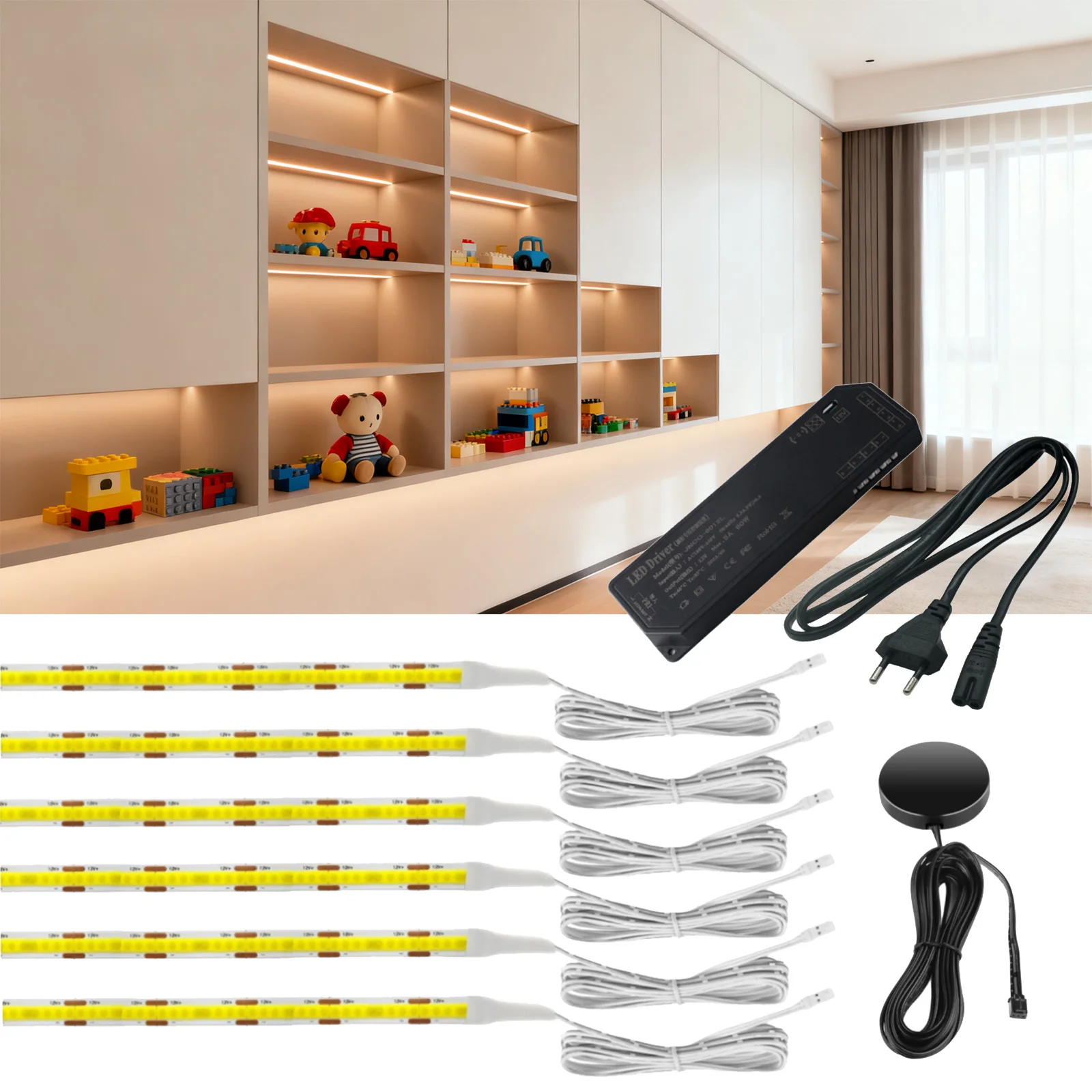 

1-6 шт. COB светодиодная лента под шкафом, коллекция дисплея, лампа с сенсорным диммером, книжный шкаф, лента для гардероба с вилкой европейского стандарта и США