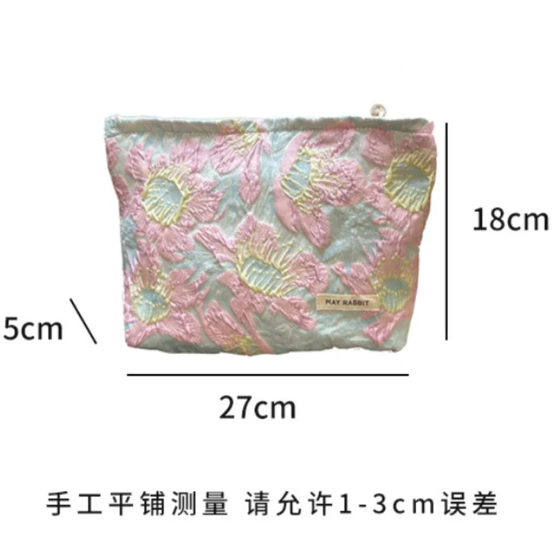 Simple Sweet Pink Flower Embroidered Clutch Cosmetic Bag Makeup Bag Square Canvas Zipper Bag Travel Portable Makeup Organizer