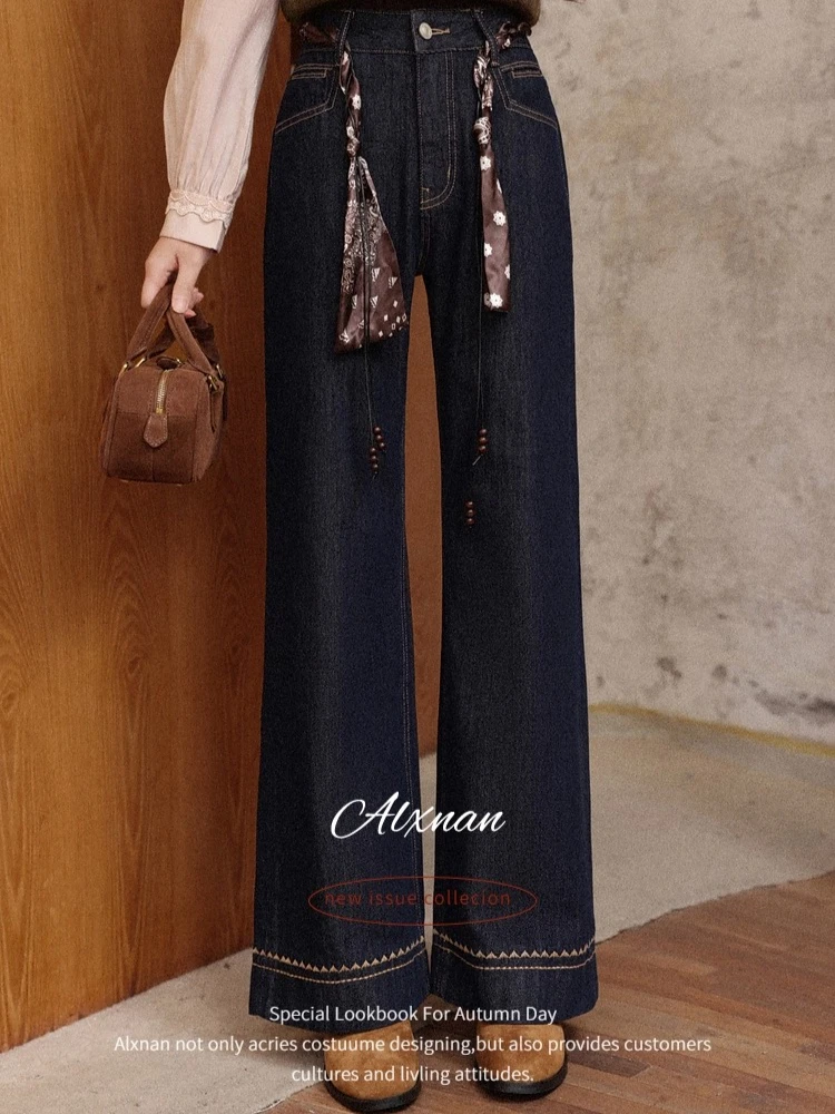 

ALXNAN Women's Jeans Retro Dark Blue Straight-leg Pants Autumn High-waisted Silk Scarf Belt Embroidery Versatile Jeans L57308