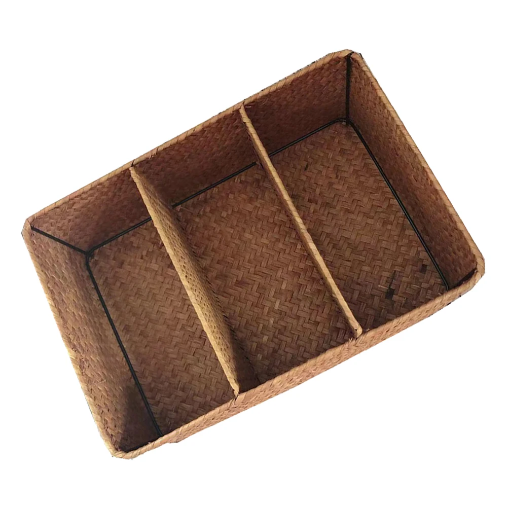 

Natural Seaweed Woven Basket 3 Compartments Handwoven ganizer Vintage Style Desktop Storage Solution for Home Room