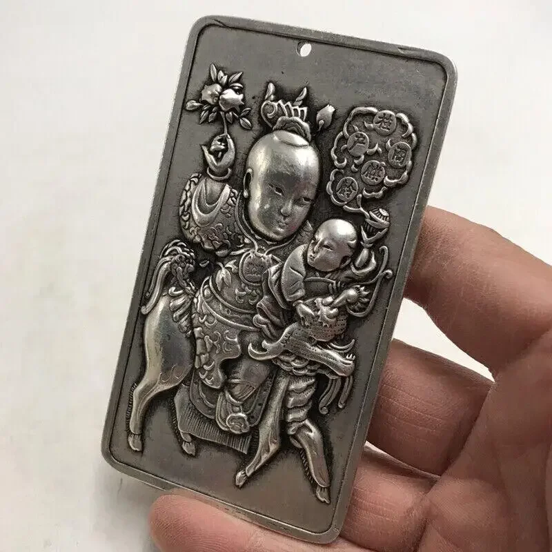 Old Chinese Tibet Silver Handcarved Double-Sided Boy Pendant Waist Tag