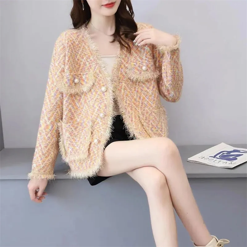 Imitação de vison veludo tricô cardigan feminino outono inverno manga longa casaco senhoras com decote em v casaco curto senhora tricô cardigan topo