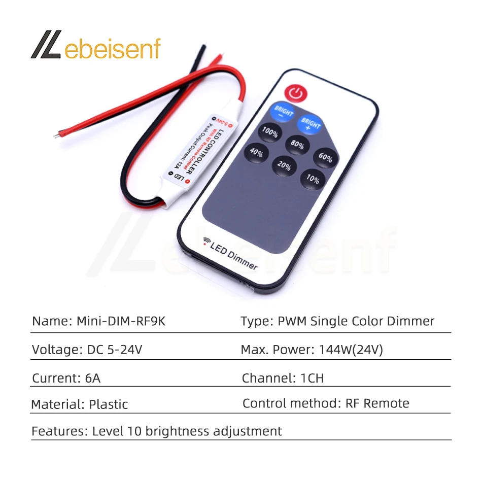 Contrôleur de signal PWM à tension constante avec télécommande RF à 9 touches, mini gradateur de document unique LED, bande lumineuse, DC, 5V, 12V,