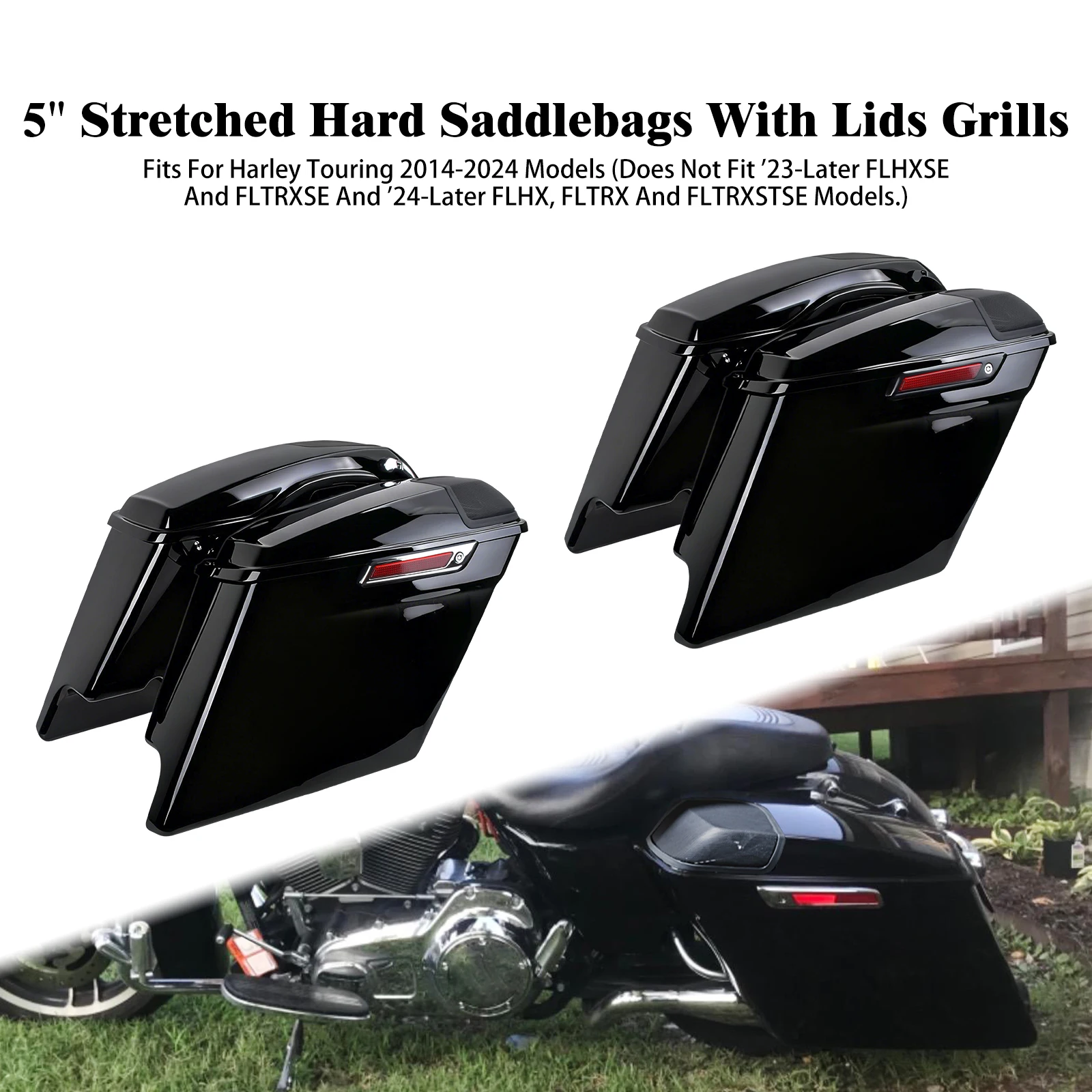 

Мотоциклетные удлиненные жесткие кофры 5 дюймов с решетками для динамиков для Harley Touring Road Street Glide FLHR 14-24