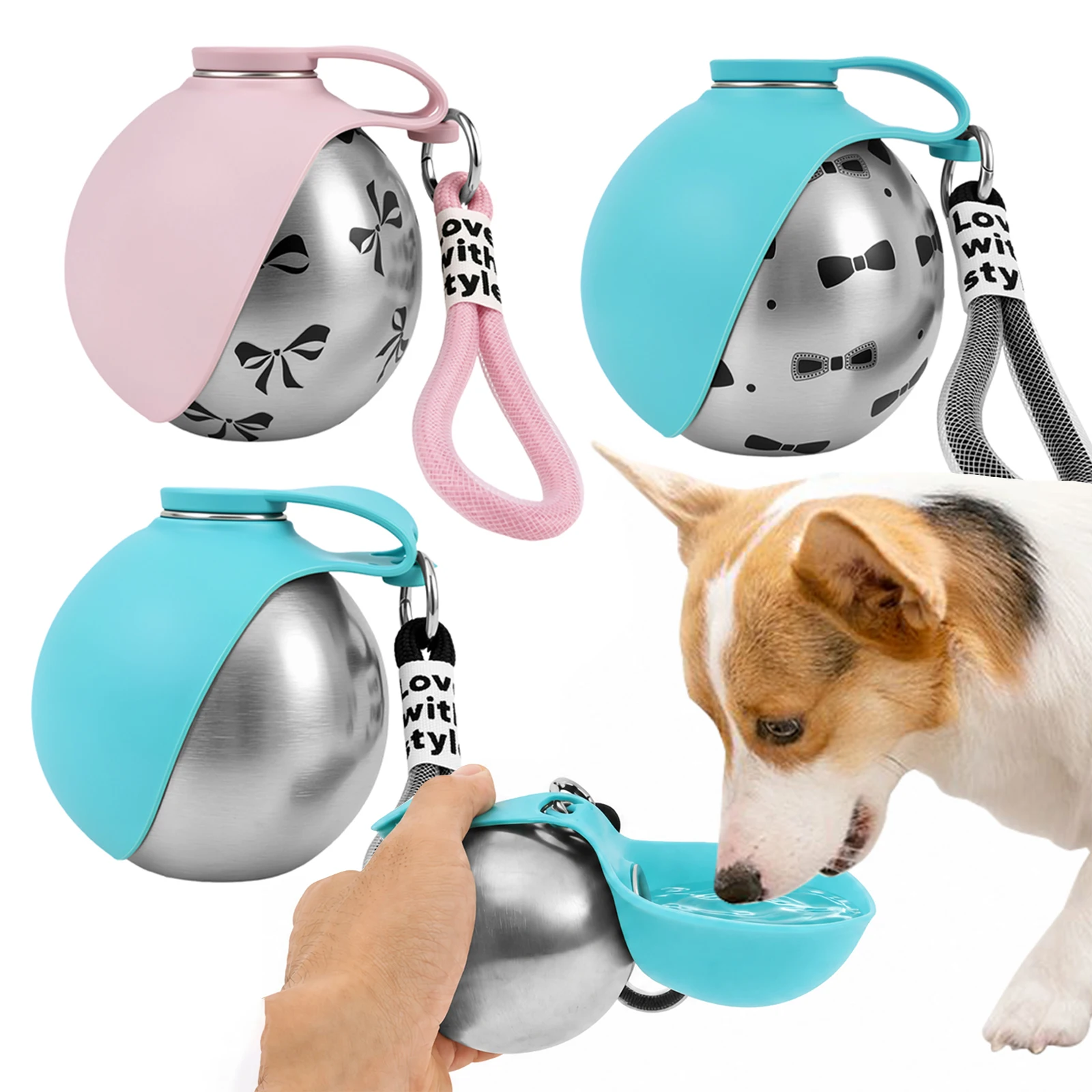Hunde-Wasserflasche mit Silikonschüssel 294ml Edelstahl Auslaufsicherer Welpen-Wasserspender Tragbarer Faltbarer Haustier-Trinkbecher