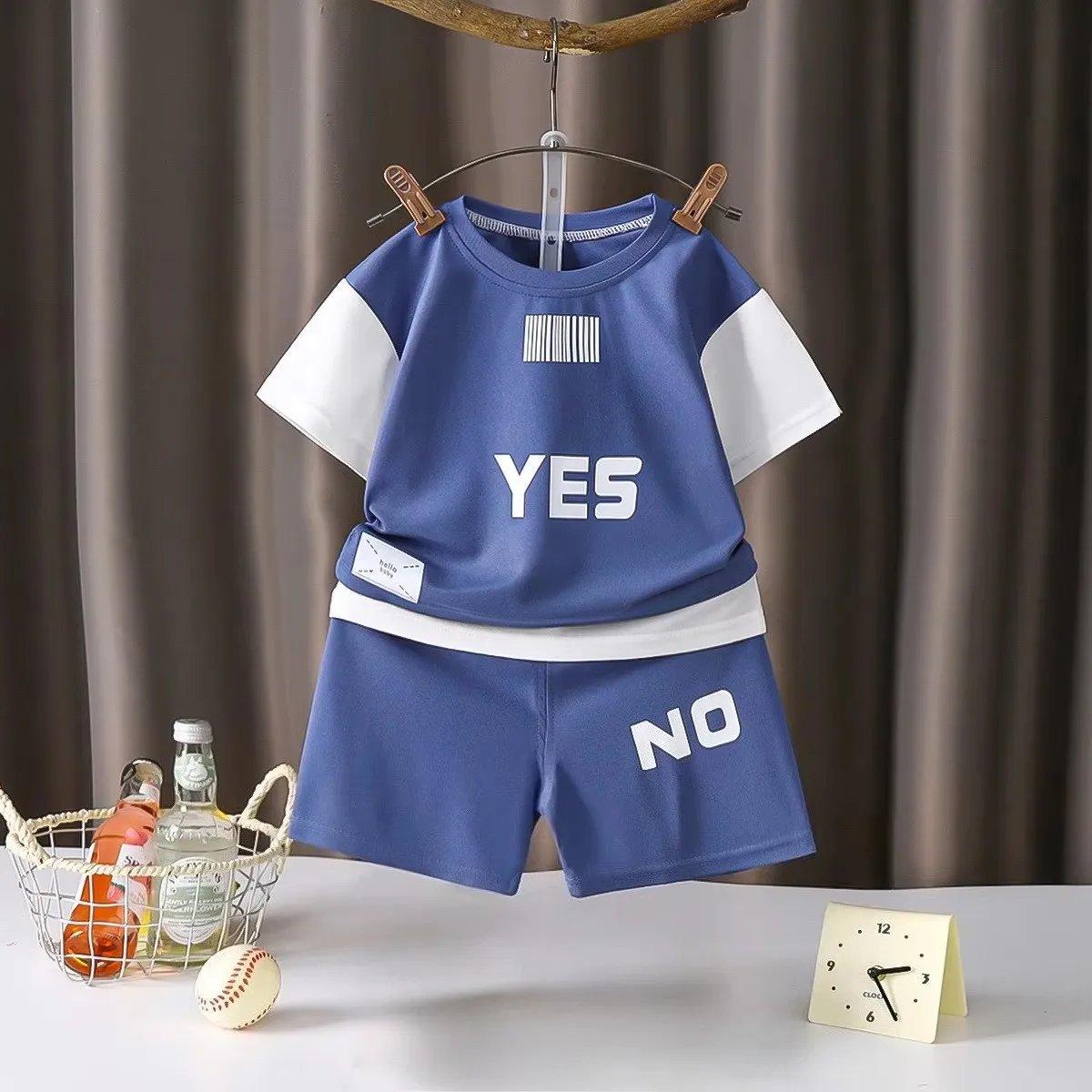 Boys' clothes summer suits loungewear breathable and comfortable two-piece set color matching foreign style short-sleeved shorts
