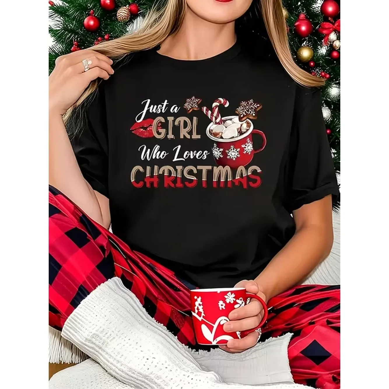 item picture christmas themed t shirt for featuring candy and snowflake prints made from fabric in a regular fit for festive casual wear