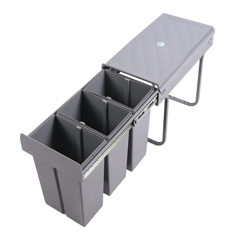 

Cabinet Recessed Trash Can Kitchen Hidden Sorting Bucket 3× 10L Cleaning Bucket Pull-out Damping Buffer with Lid