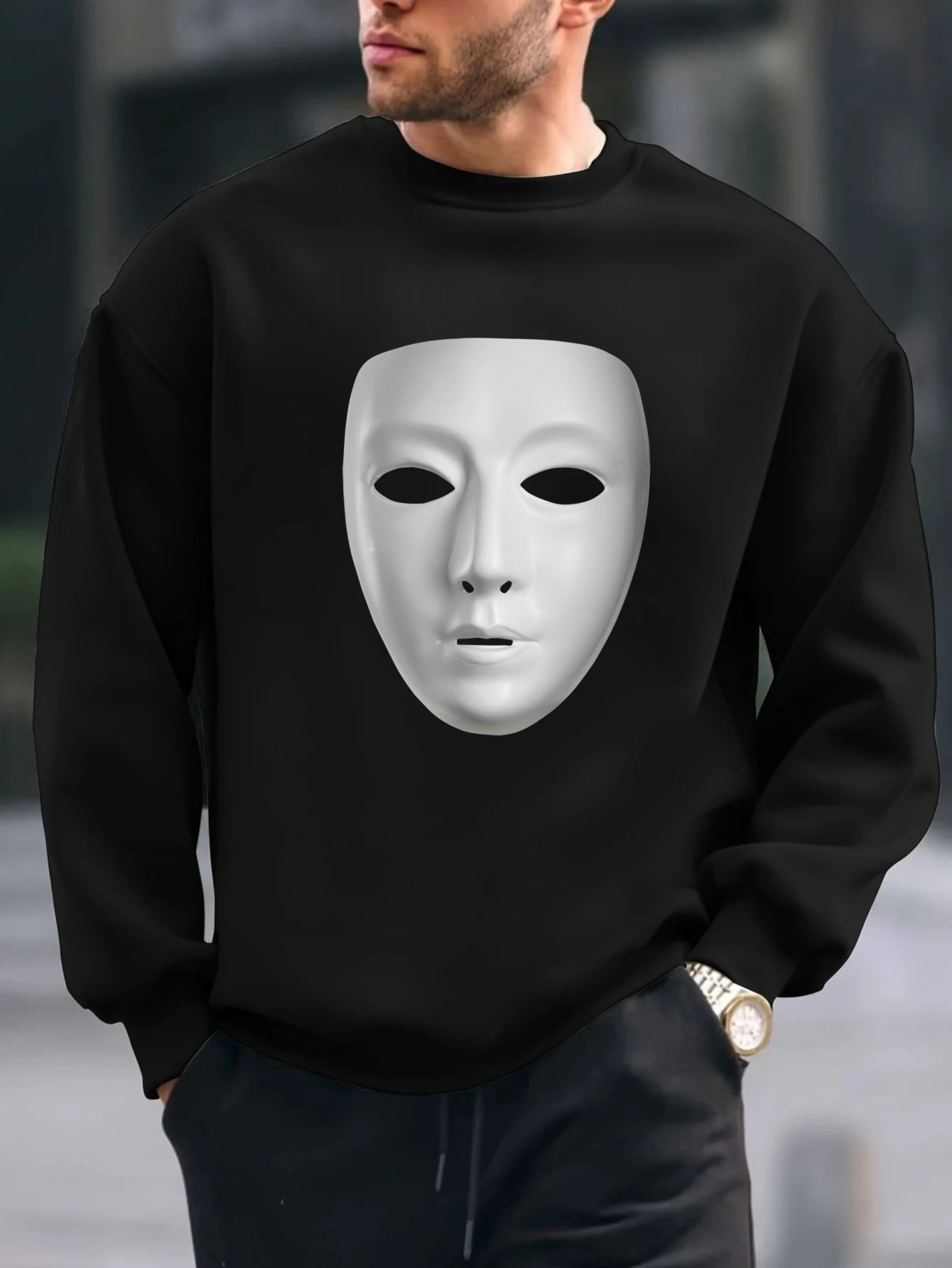 

2025 весенне-осенняя мужская белая маска для лица человека, топы с принтом граффити, толстовка с длинными рукавами, повседневная толстовка с капюшоном, мягкая и теплая