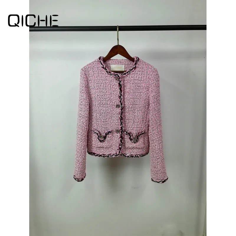 QICHE Women's Jacket Women's Outerwear Oil Pink Cropped Tweed Jacket Contrast Ribbon Trim Edge Design